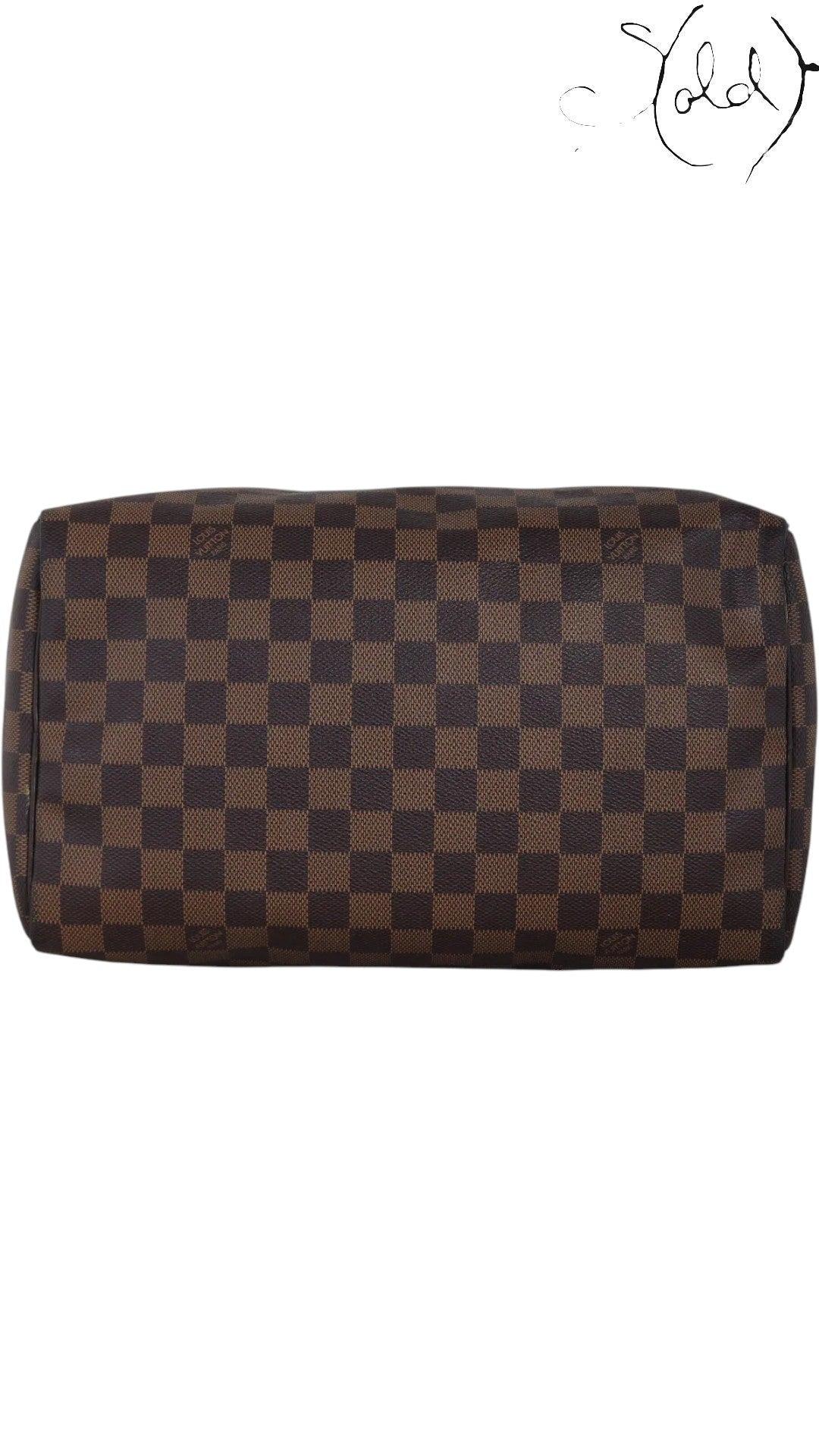 Sold Attire Louis Vuitton Speedy 30 Damier Ebene brown coated canvas handbag with leather trim and brass hardware.