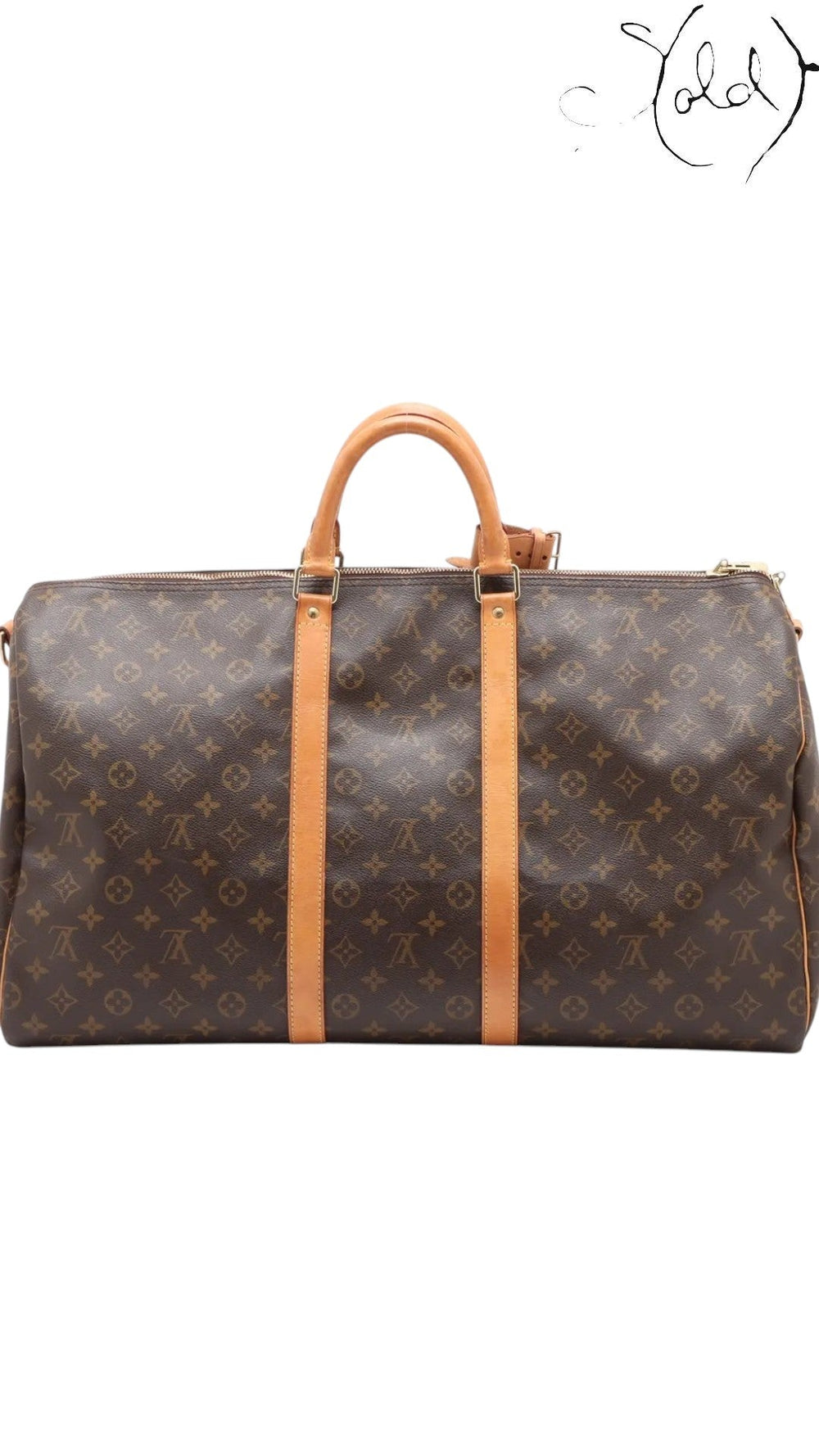 Sold Attire Louis Vuitton Keepall Bandoulière 55 in brown Monogram coated canvas with natural cowhide leather trim.