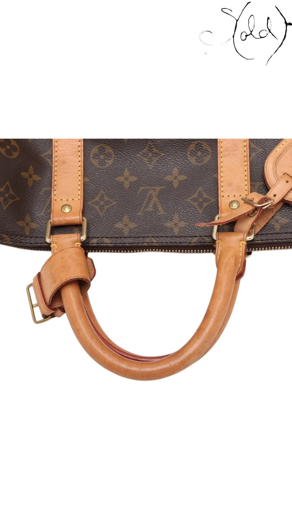 Sold Attire Louis Vuitton Keepall 55 travel bag featuring brown Monogram coated canvas and natural cowhide leather handles.