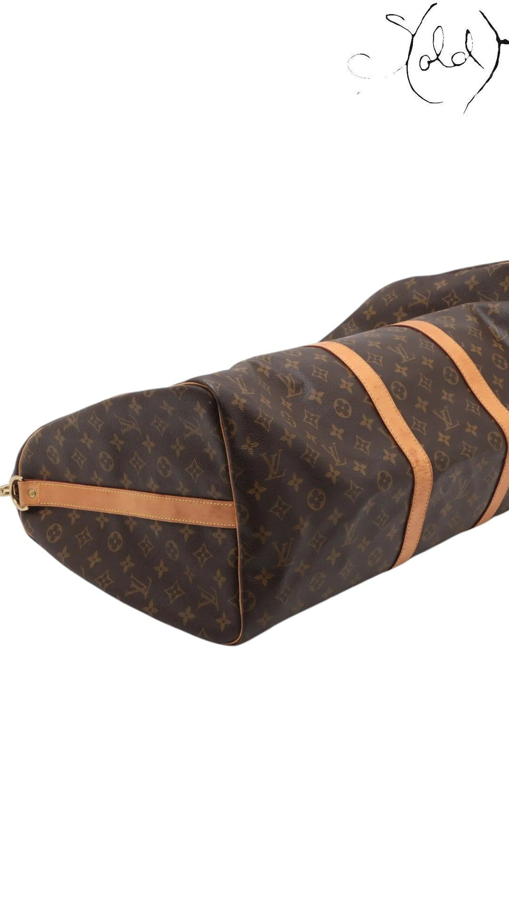 Sold Attire Louis Vuitton Keepall Bandoulière 55 in brown monogram coated canvas with natural cowhide leather trim.
