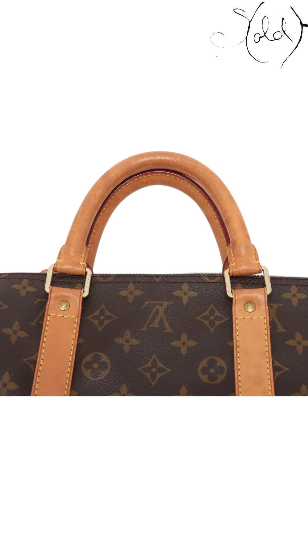 Sold Attire Louis Vuitton Keepall 55 monogram canvas bag handle with natural cowhide leather trim and gold hardware