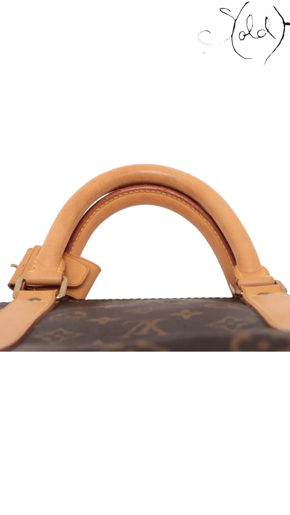 Sold Attire Louis Vuitton Keepall 55 handle with aged natural cowhide leather trim and monogram coated canvas