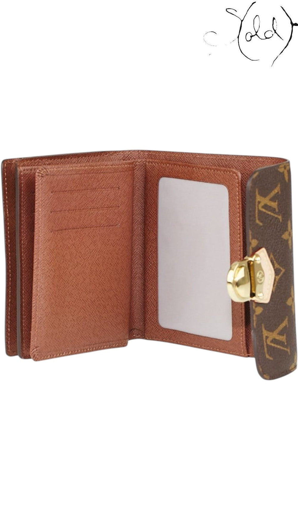 Sold Attire Louis Vuitton Joey wallet in brown Monogram canvas with gold press-lock, ID window, and card slots.