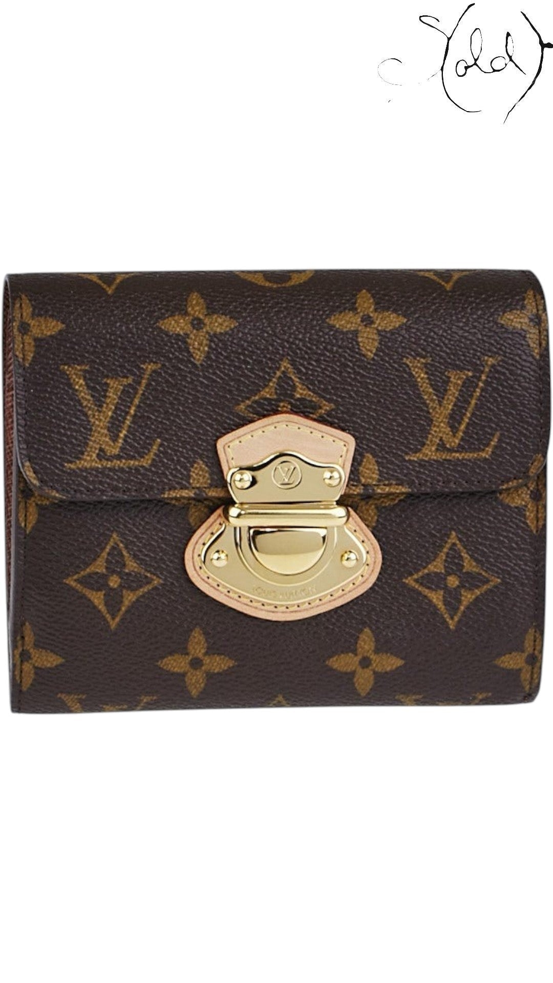 Sold Attire Louis Vuitton Joey wallet in brown Monogram coated canvas with a gold-tone press-lock closure.