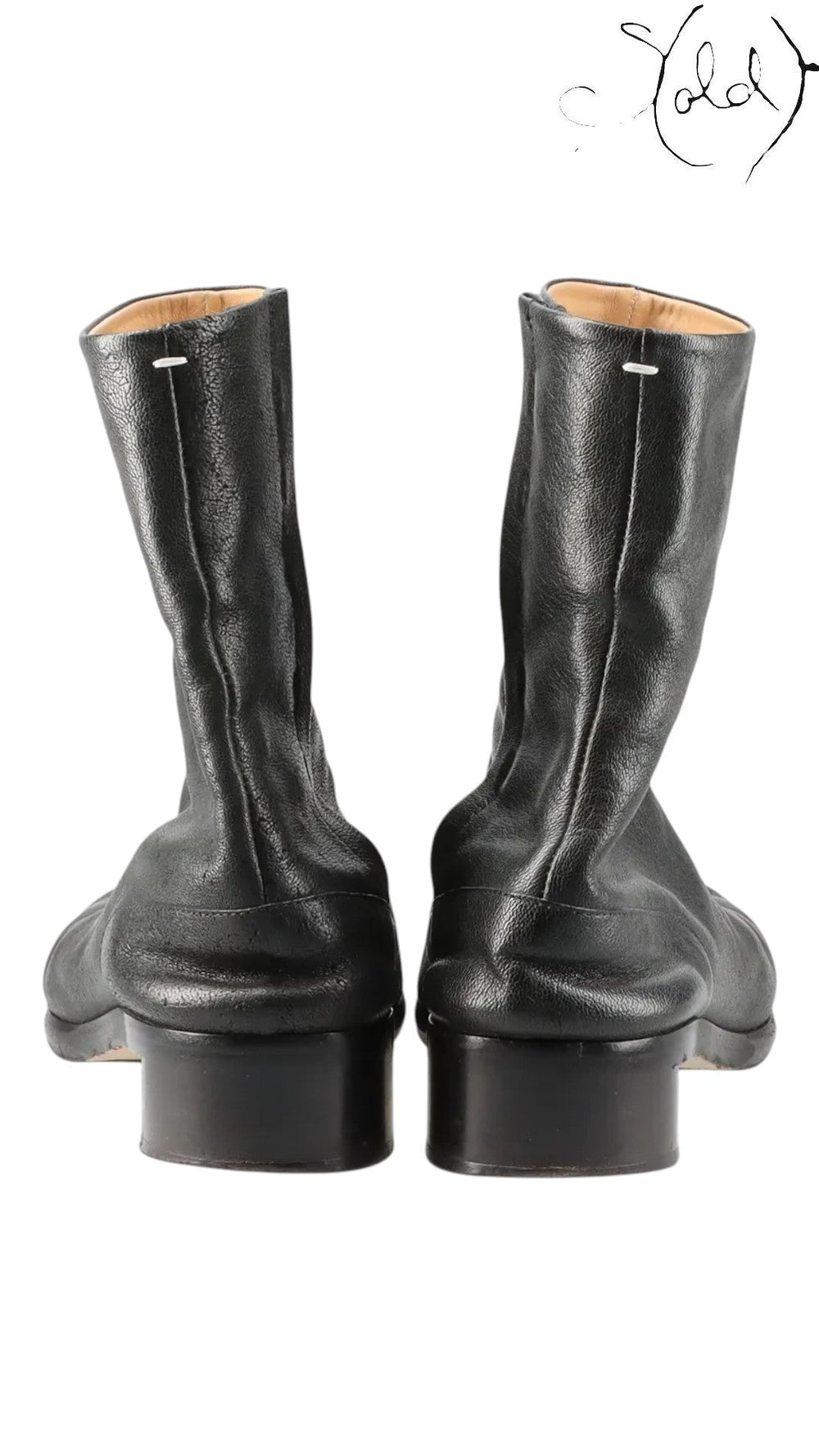 Sold Attire black leather Maison Margiela Tabi short boots with split-toe construction and low block heel.