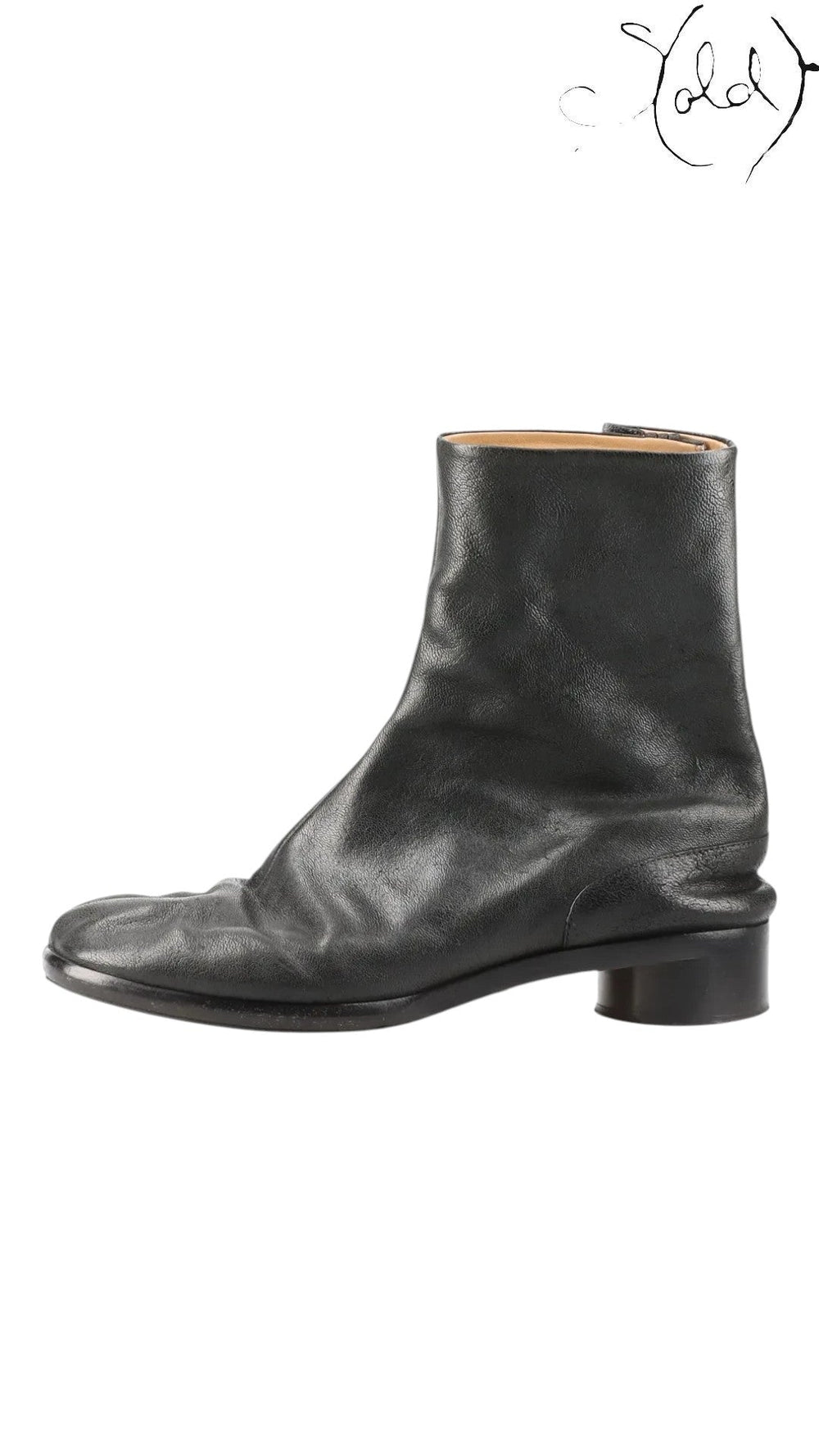 Sold Attire black leather Maison Margiela Tabi short boots with split-toe construction and side zip closure.