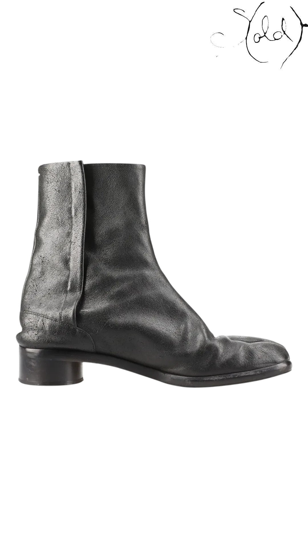 Sold Attire black leather Maison Margiela Tabi short boots with split-toe construction and low block heel.
