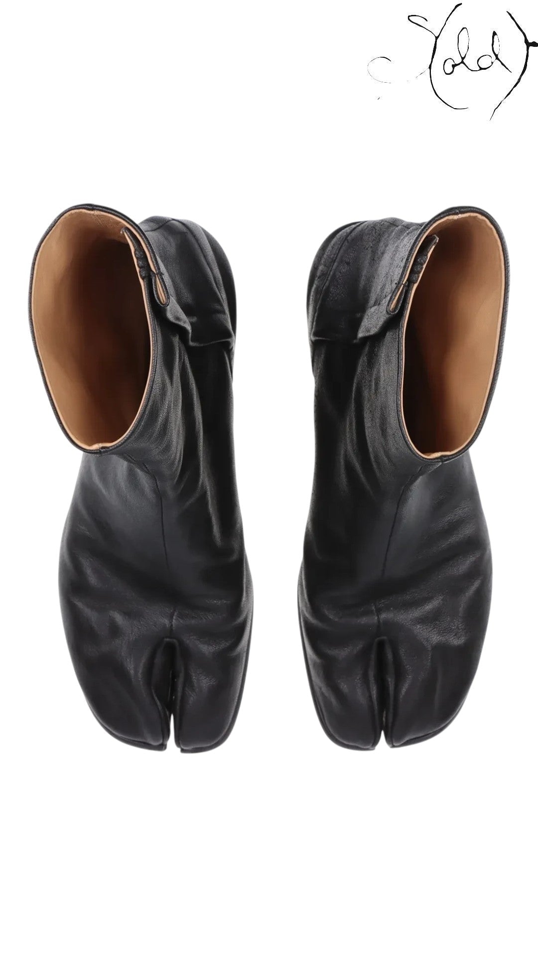 Sold Attire black leather Maison Margiela Tabi short boots with split-toe construction and side zip.