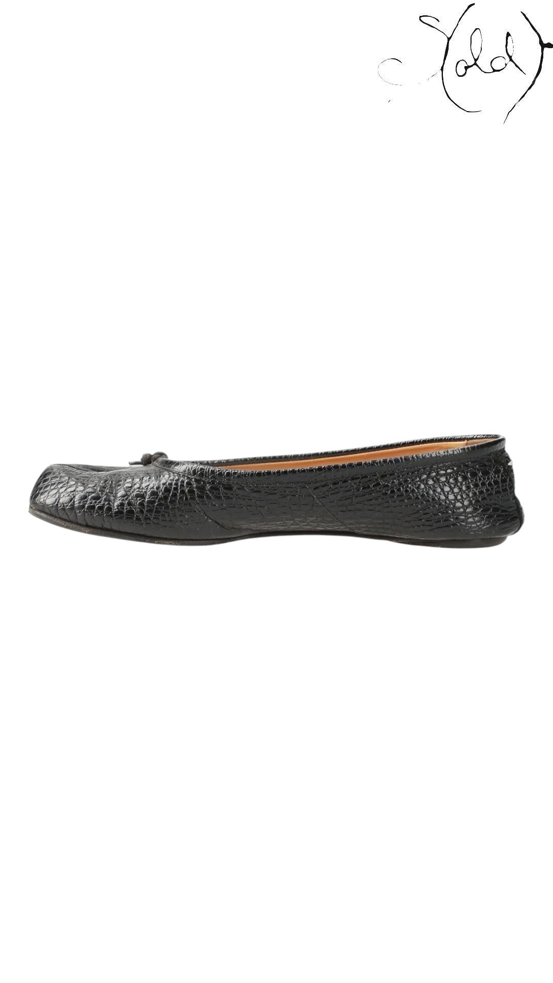 Sold Attire black mock-croc embossed leather Maison Margiela Tabi flat pumps with a cleft toe and small bow detail.
