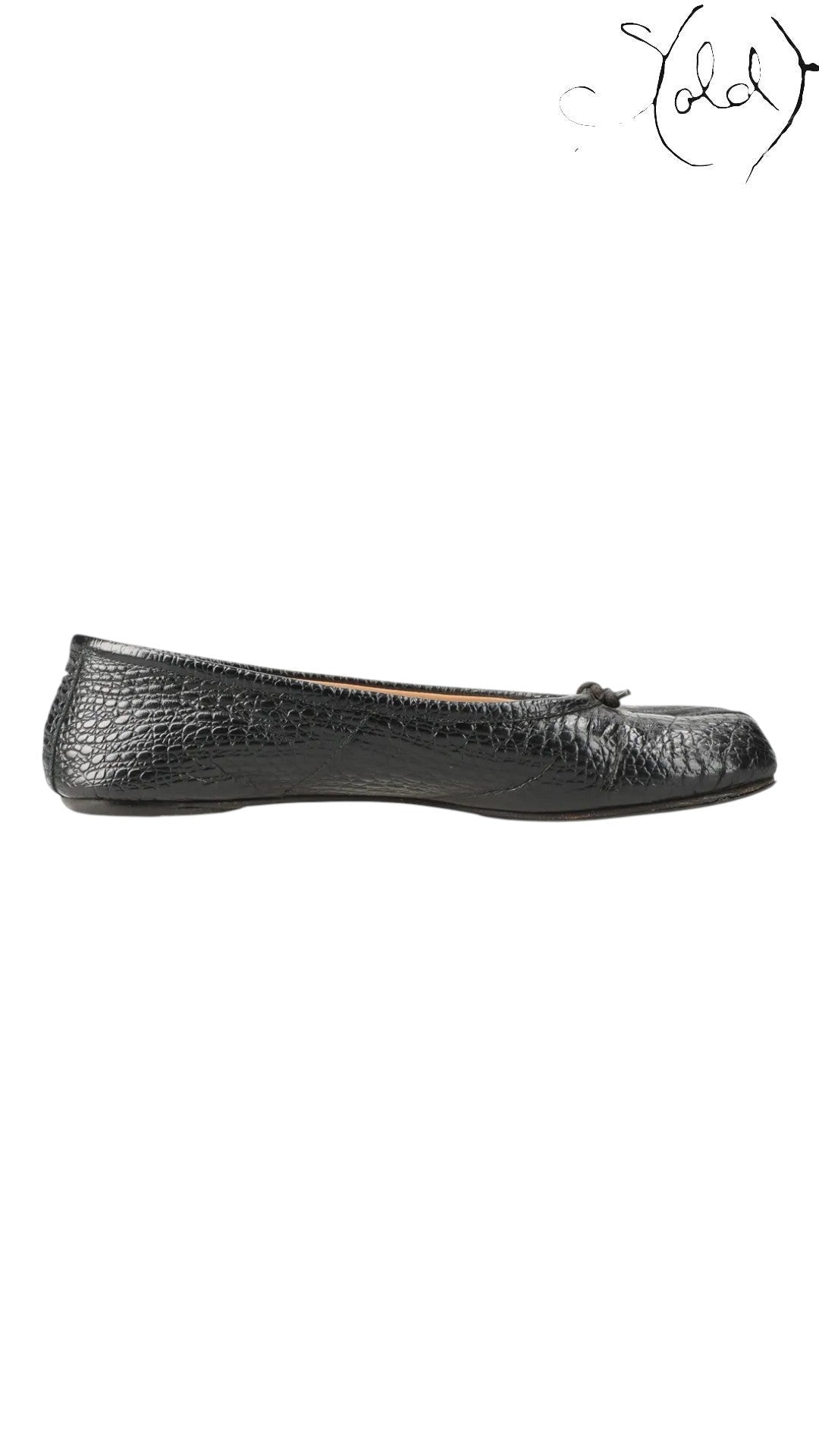 Sold Attire black mock-croc embossed leather Maison Margiela Tabi flat pumps with a cleft toe and small bow detail.