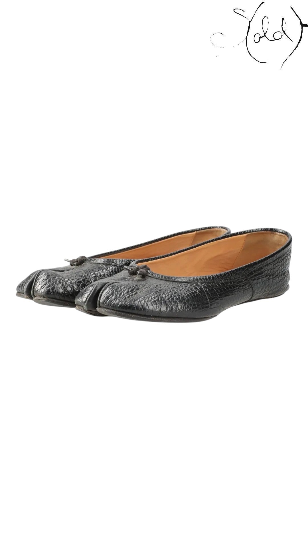 Sold Attire black mock-croc embossed leather Maison Margiela Tabi flat pumps with a cleft toe and small bow detail.