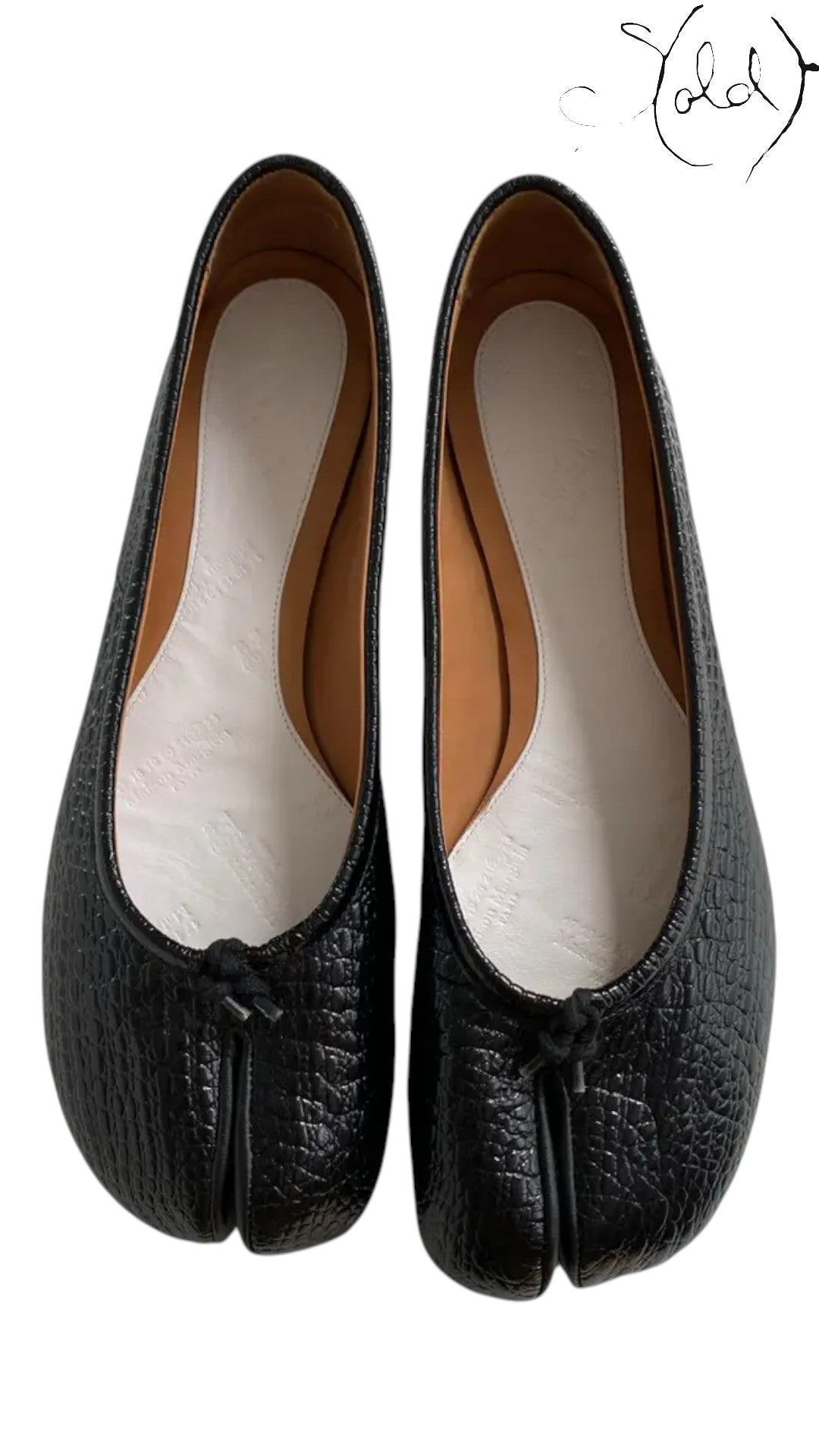 Sold Attire black mock-croc embossed leather Maison Margiela Tabi flat pumps with cleft toe and slip-on construction.