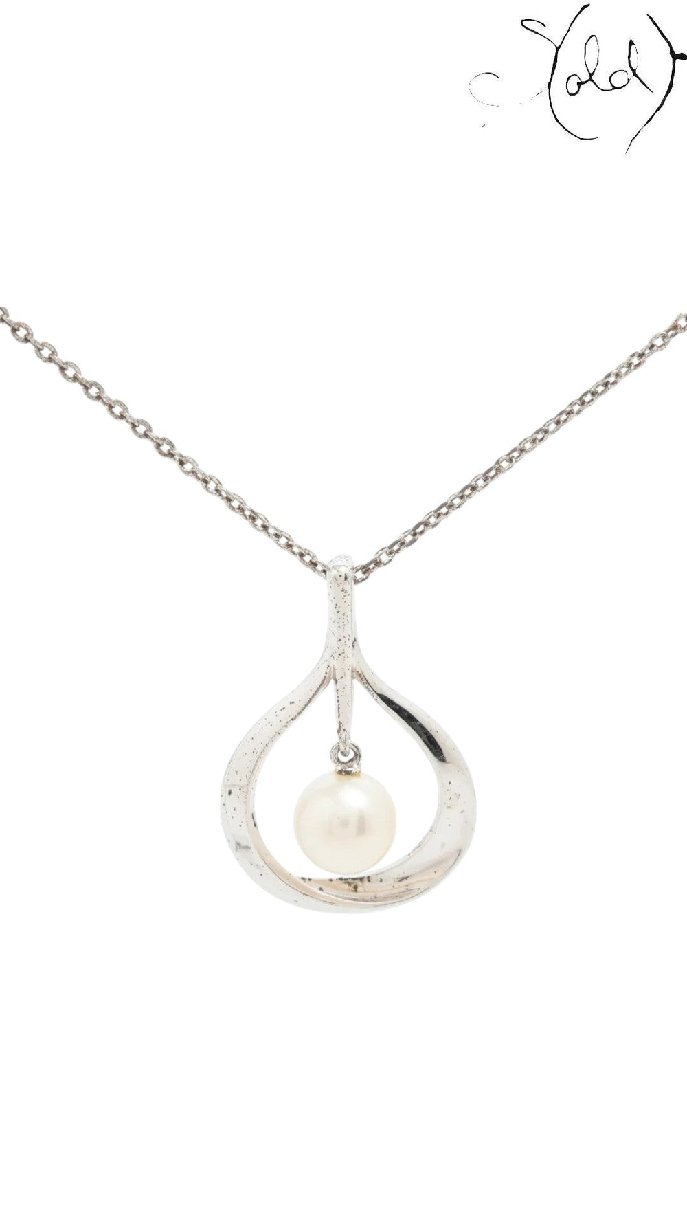 Sold Attire Mikimoto sterling silver pendant necklace featuring a single cream cultured pearl in a teardrop frame