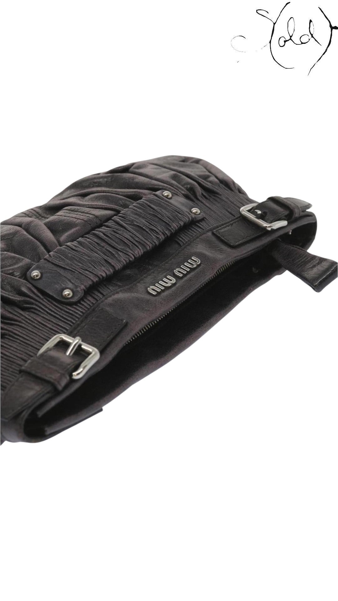 Miu Miu Dark Grey Gathered Leather Clutch, Detail view | Sold Attire