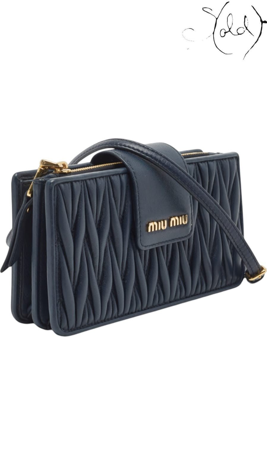 Sold Attire navy matelasse leather Miu Miu phone bag with gold hardware and chain strap.