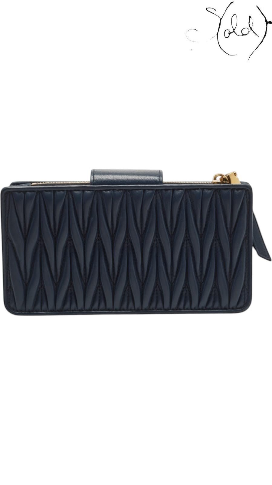 Sold Attire navy matelasse leather phone bag with gold tone zipper and clasp closure, 2019.