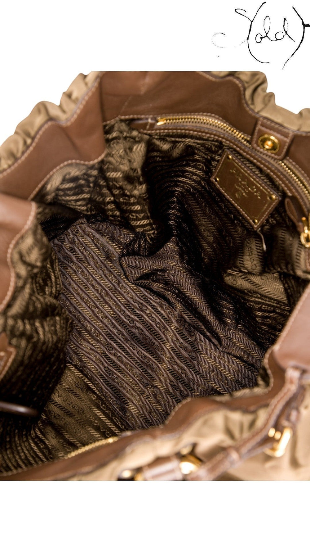 Sold Attire interior view of a brown Prada Tessuto nylon jacquard tote bag featuring logo lining and gold-tone hardware.