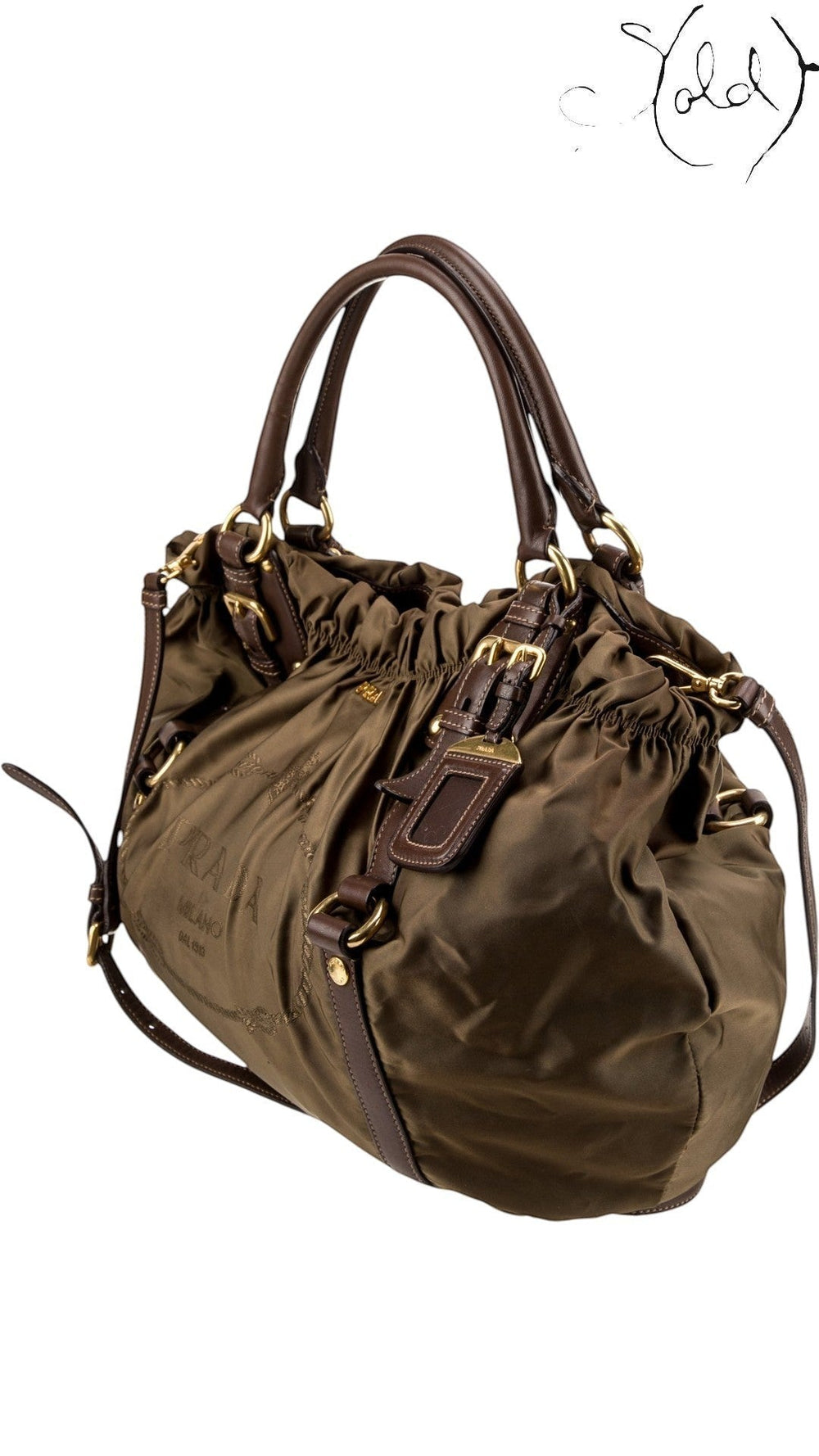 Sold Attire brown Prada Tessuto nylon jacquard tote bag with leather trim, rolled handles, and gold-tone hardware.