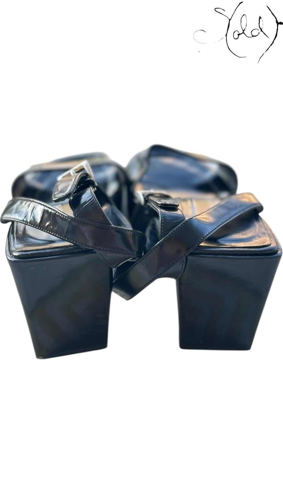 PRADA Black Patent Platform Sandals – Riviera Curve Edition, Hardware detail | Sold Attire