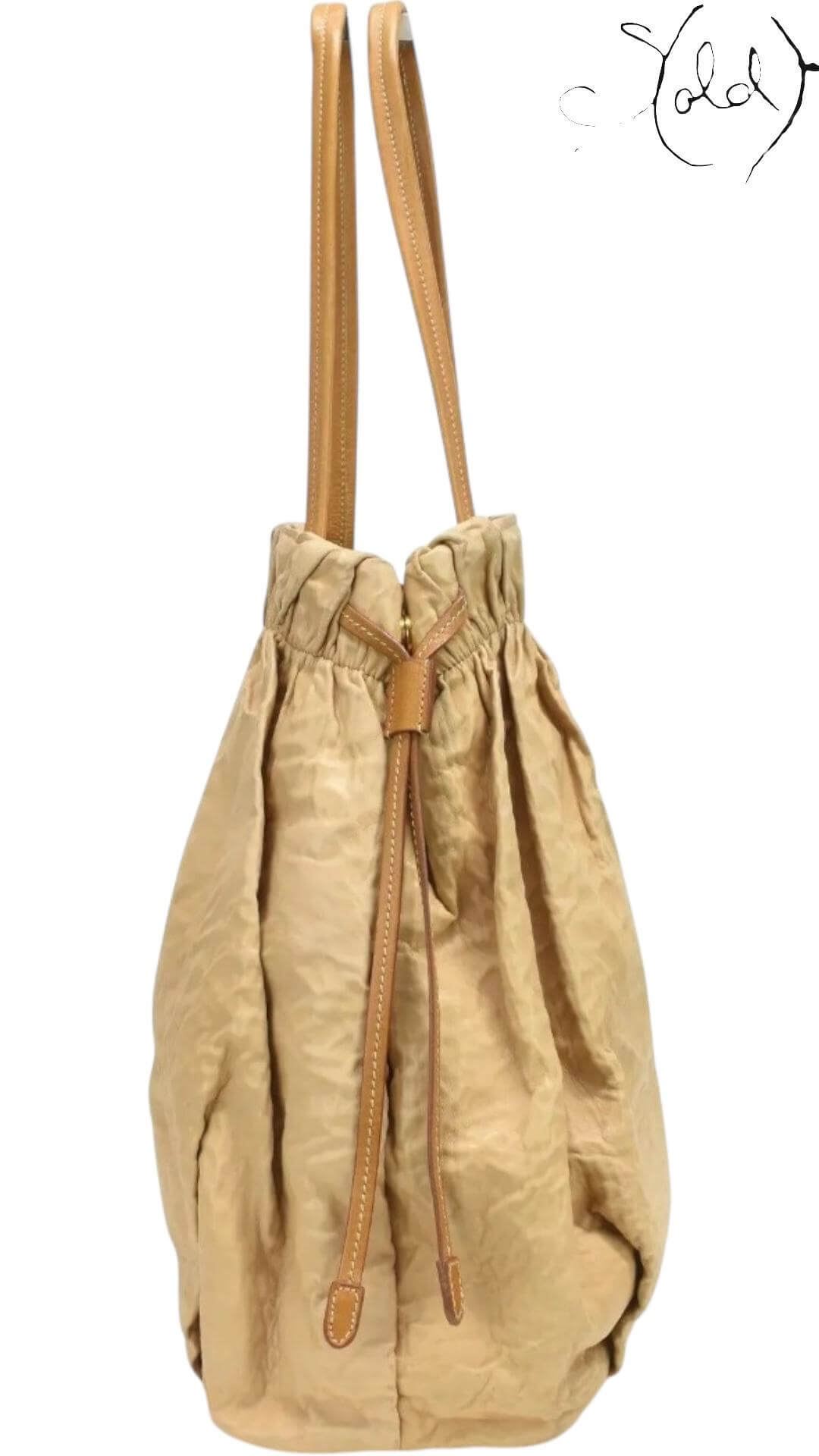 PRADA Metallic Gold Drawstring Tote – Tessuto Nylon & Leather, Detail view | Sold Attire
