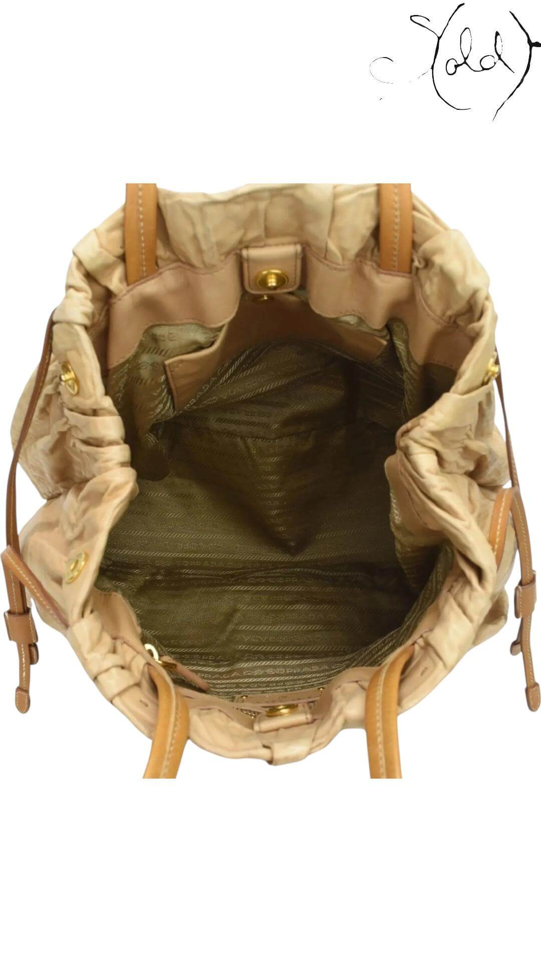 PRADA Metallic Gold Drawstring Tote – Tessuto Nylon & Leather, Hardware detail | Sold Attire