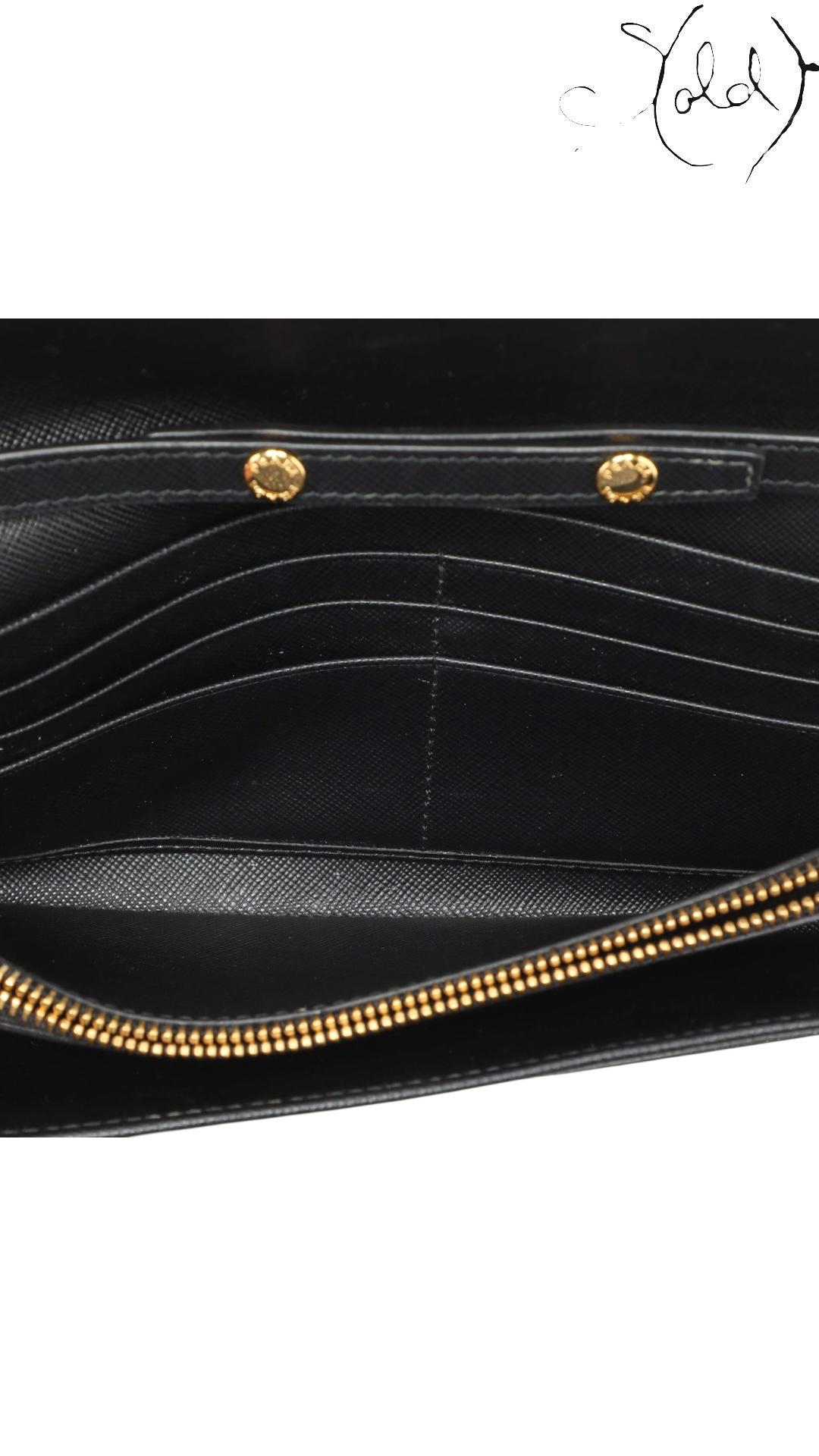 Prada Saffiano Lux Oro Chain Wallet in Black Leather — Base view | Sold Attire