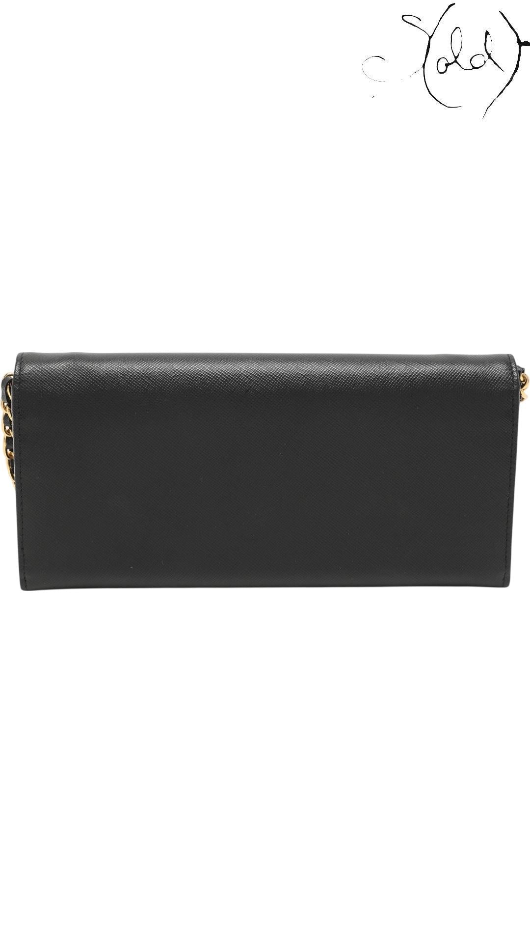 Prada Saffiano Lux Oro Chain Wallet in Black Leather — Back view | Sold Attire