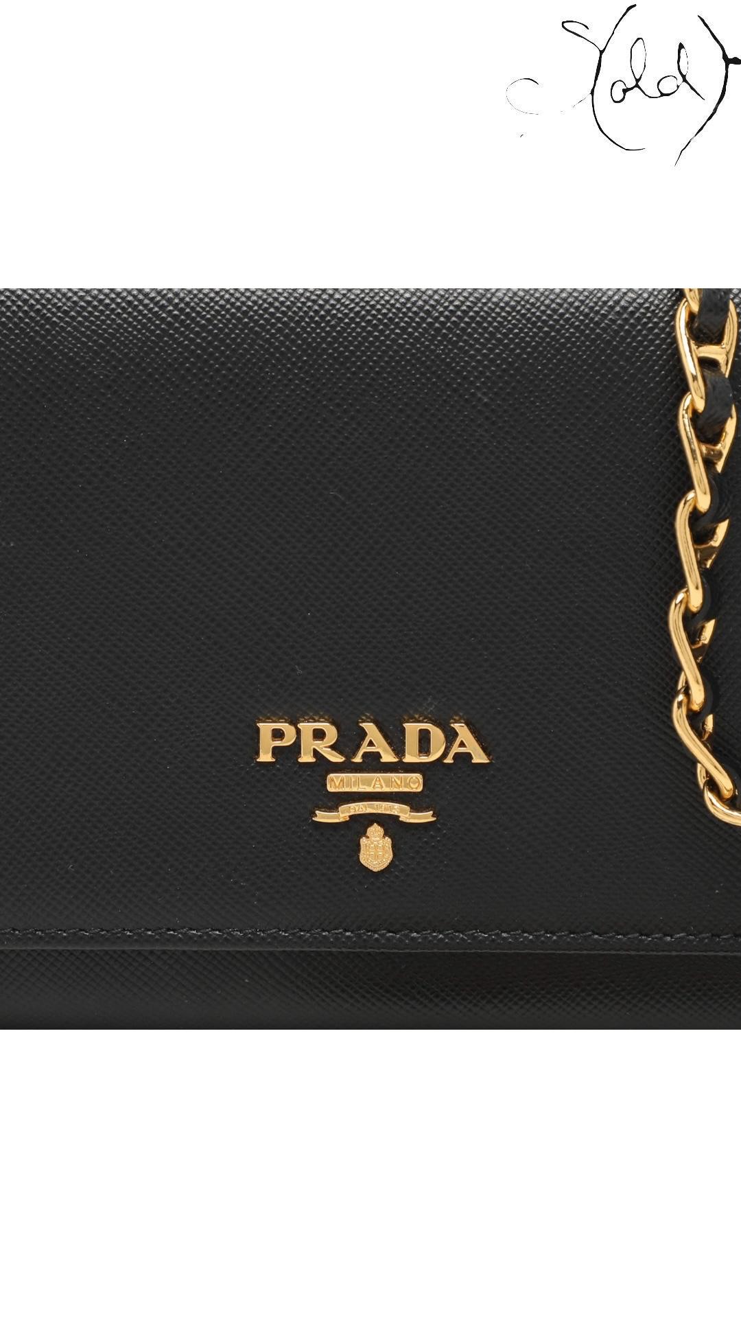 Prada Saffiano Lux Oro Chain Wallet in Black Leather — Hardware detail | Sold Attire