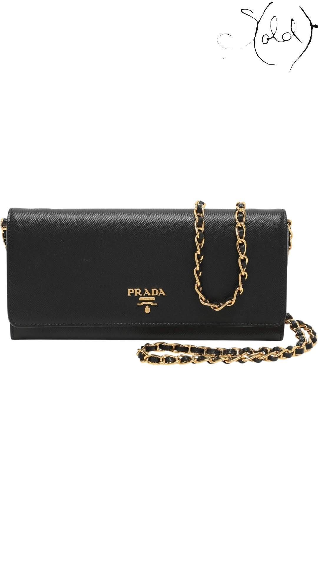 Prada Saffiano Lux Oro Chain Wallet in Black Leather | Sold Attire - Sold Attire