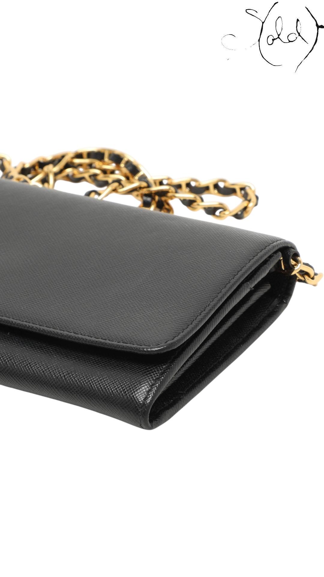 Prada Saffiano Lux Oro Chain Wallet in Black Leather — Interior view | Sold Attire