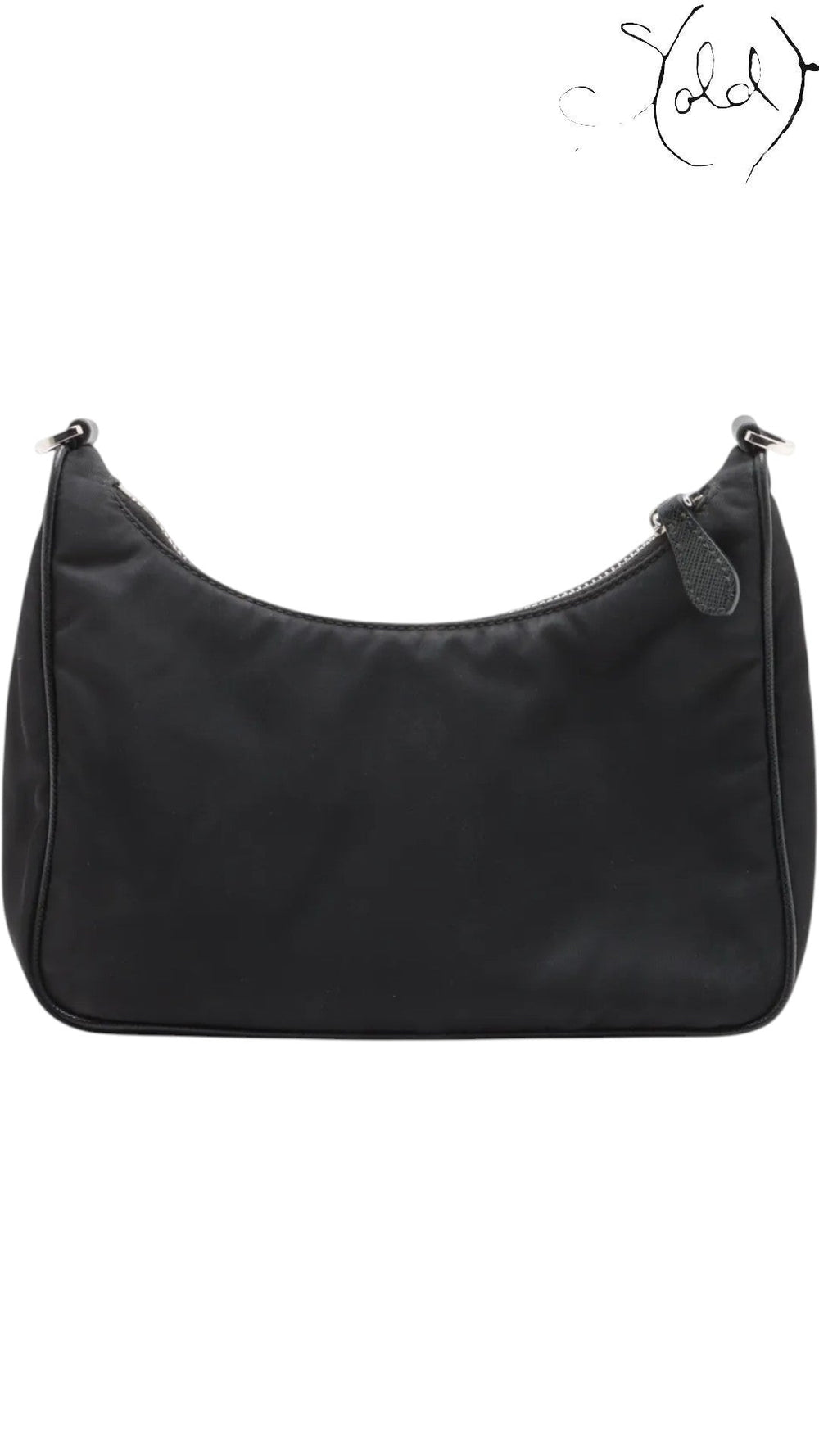 Sold Attire black Prada Re-Edition 2005 nylon shoulder bag with Saffiano leather trim and silver hardware.