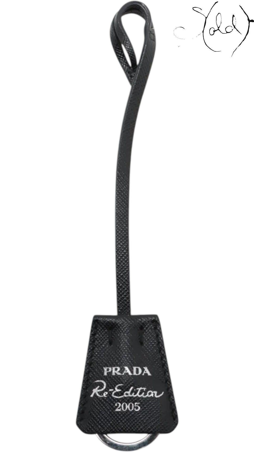 Sold Attire black Saffiano leather Prada Re-Edition 2005 bag charm with silver ring.