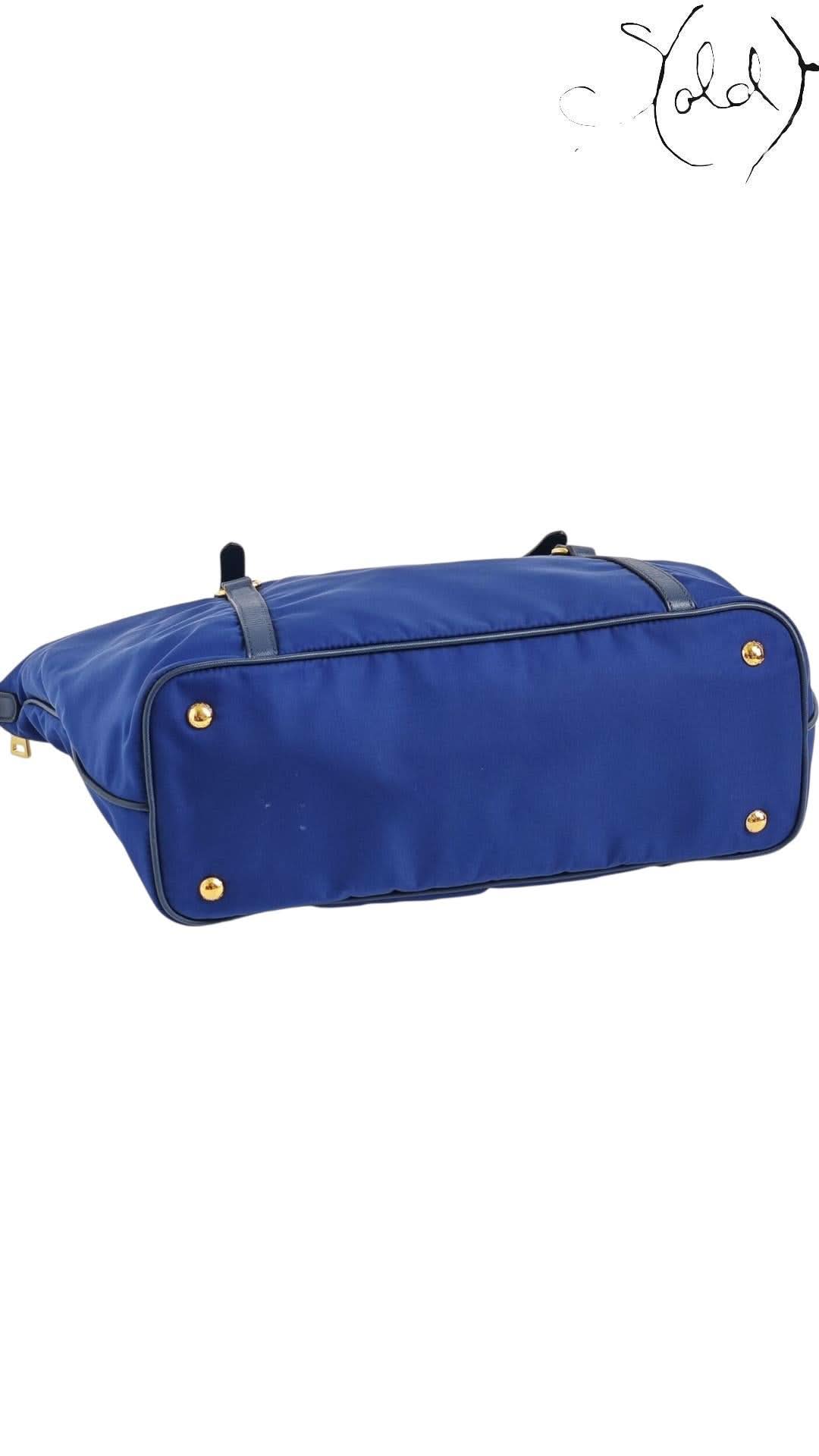Prada Tote Bag variant_title Prada Tessuto Nylon 2 - Way Tote Royal Blue Gold Hardware 2010s | Sold Attire