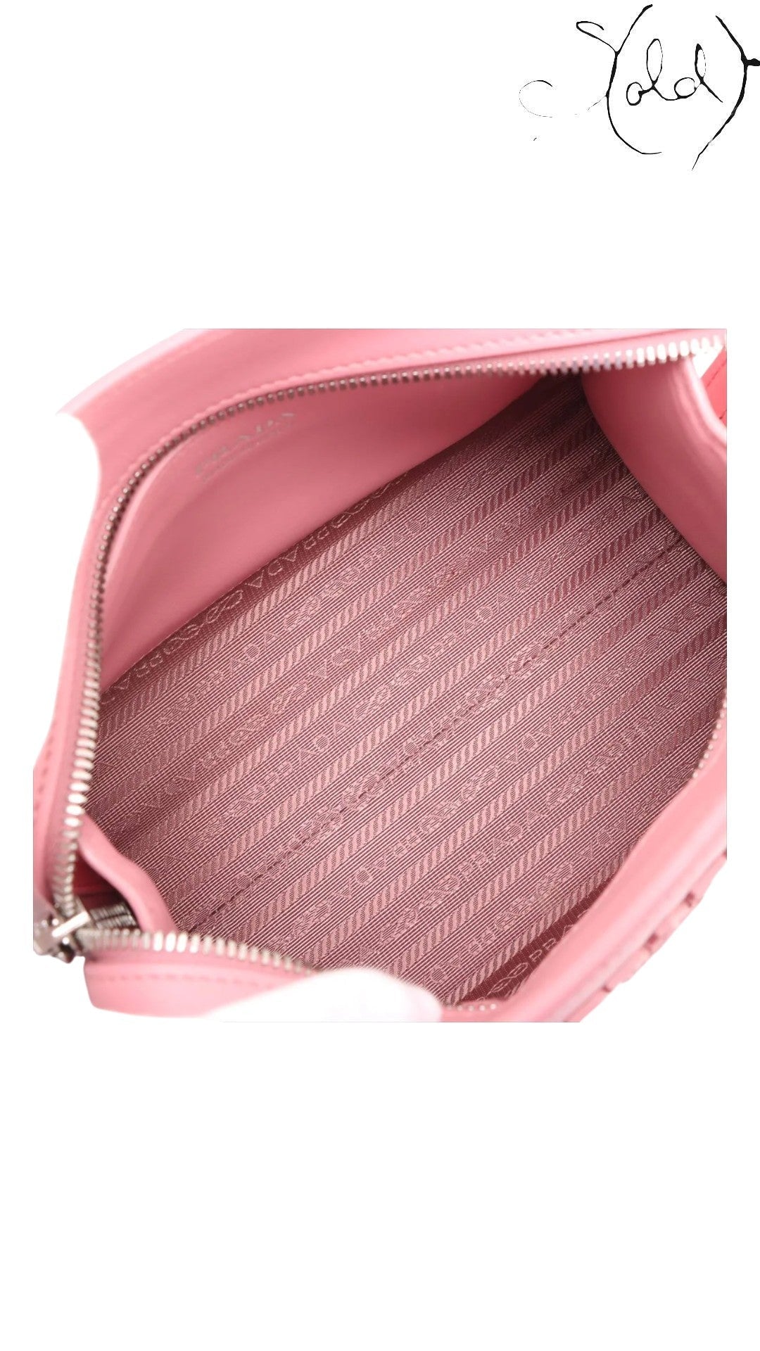 Sold Attire Prada Monochrome Tote Mini in Begonia pink Saffiano leather with city calf trim, showing the interior lining with repeating Prada logo.