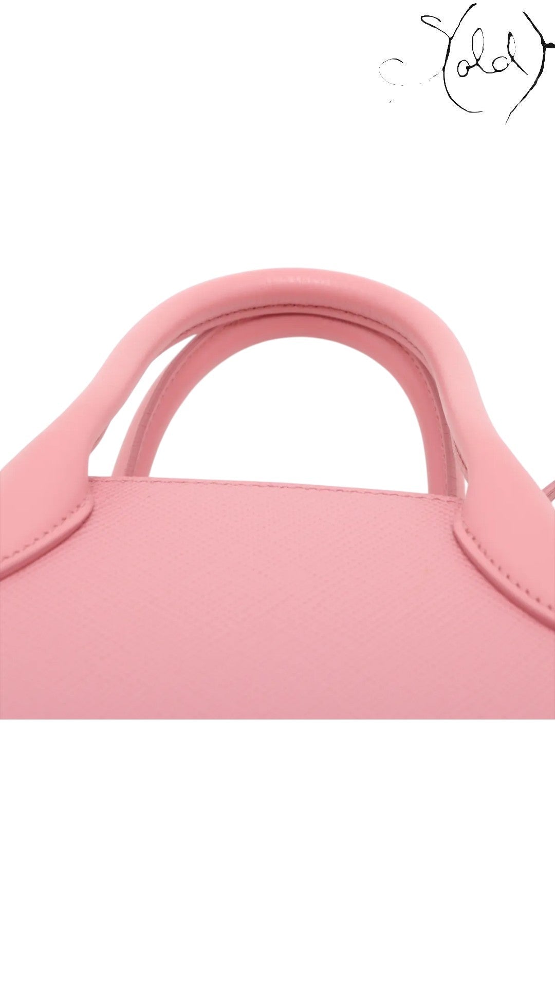 Sold Attire pink Saffiano leather Prada Monochrome Tote Mini bag with city calf trim and top handles.