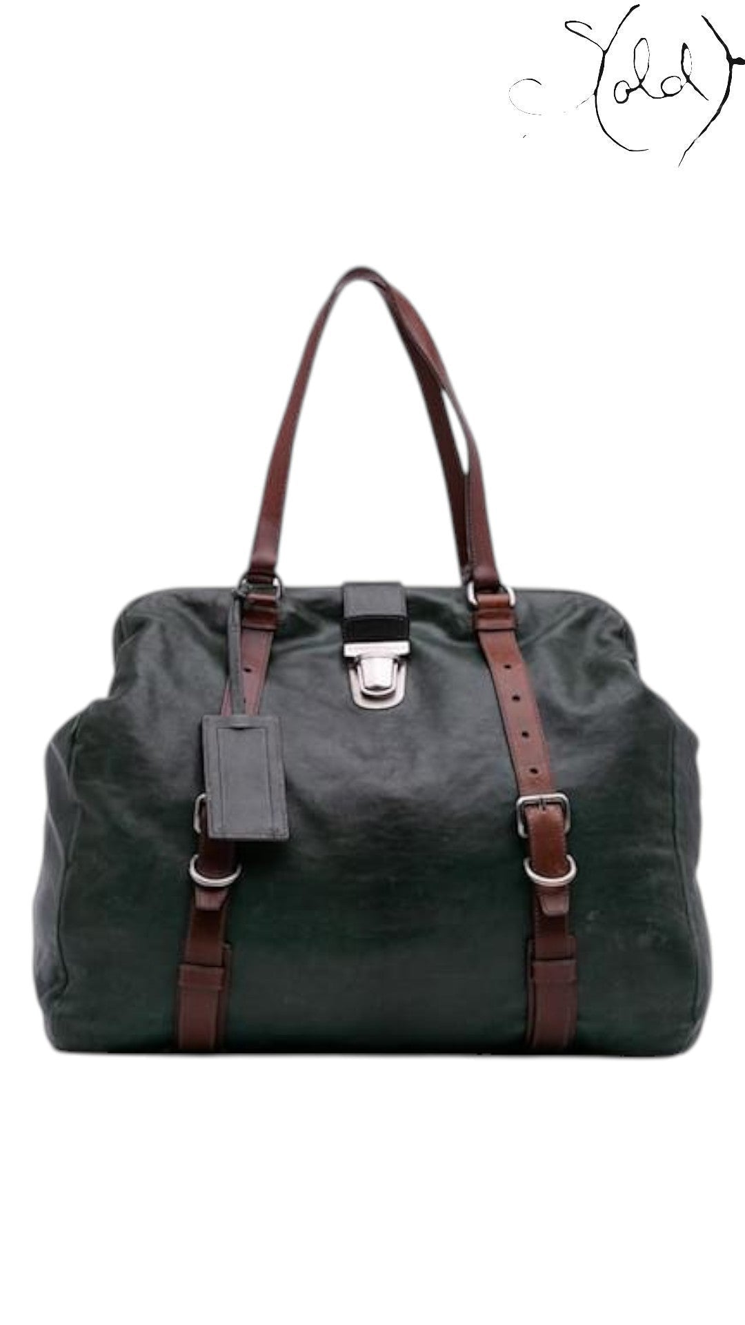 Sold Attire black Glace calf leather weekender bag with silver hardware and brown leather straps. Features a top clasp closure and adjustable shoulder straps.