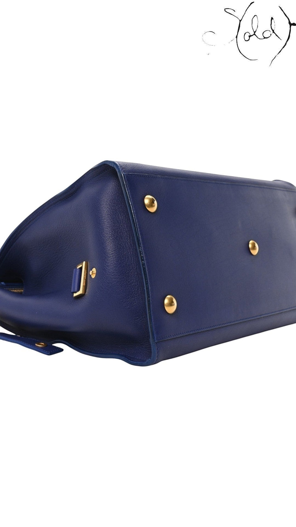 Sold Attire Saint Laurent Medium Classic Y Cabas tote in royal blue calfskin leather with gold-tone base studs