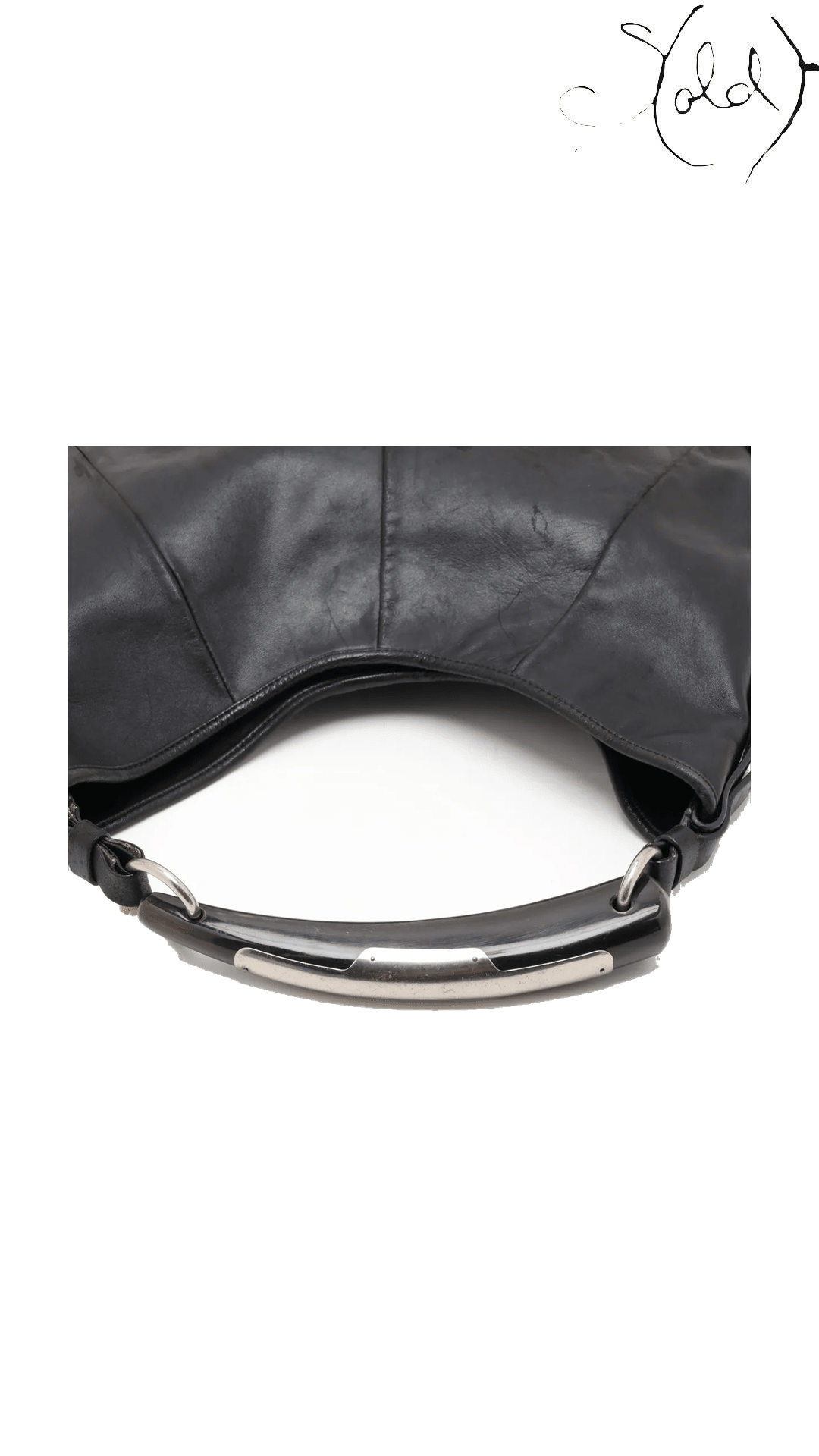 Saint Laurent Mombasa Black Leather Horn Shoulder Bag, handle and front panel detail