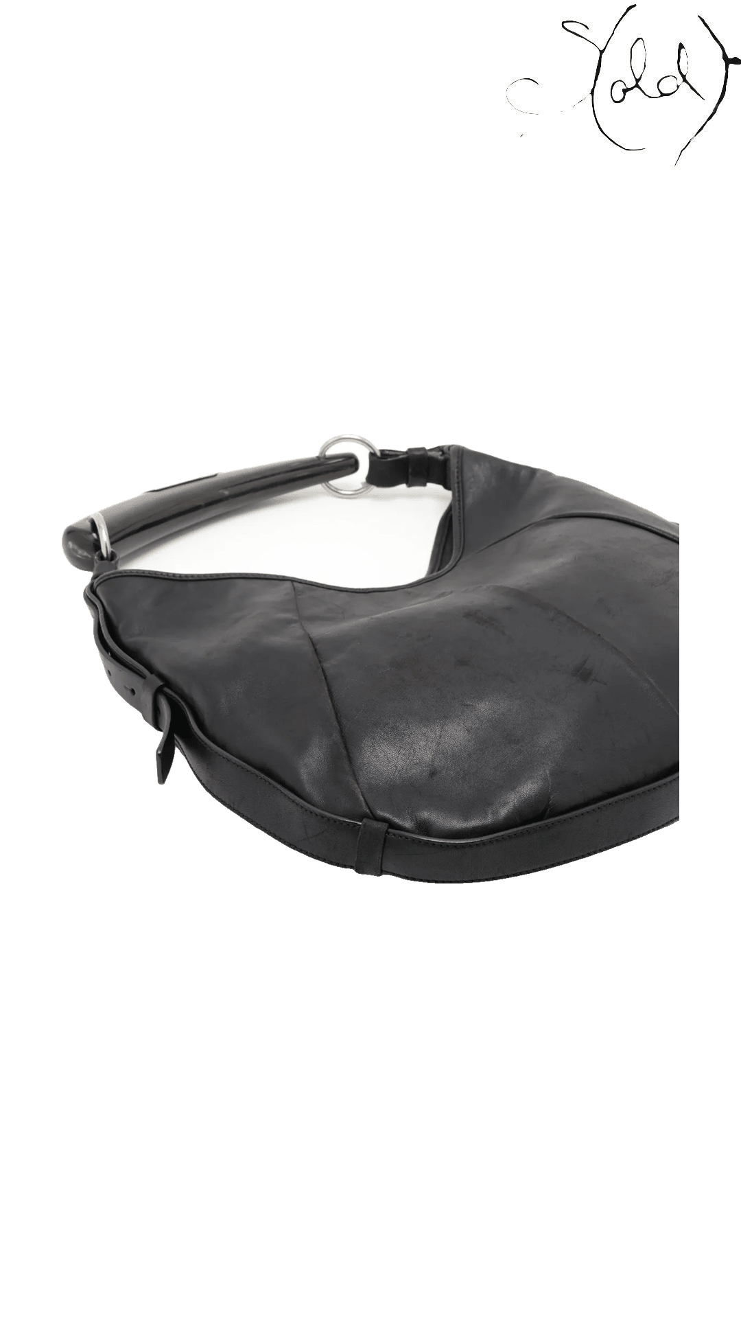 Saint Laurent Mombasa Black Leather Horn Shoulder Bag, opposite base and side