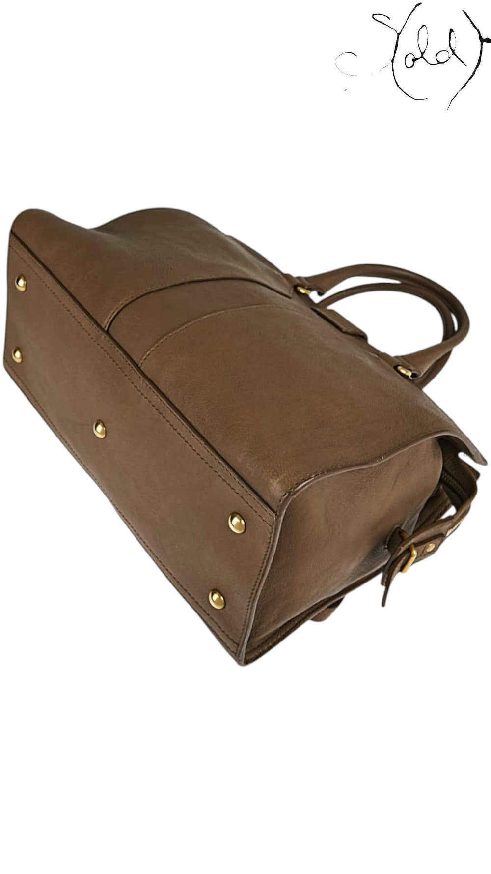 Sold Attire Saint Laurent Small Cabas Chyc bag in brown sheepskin leather with gold-tone base studs and top handles.