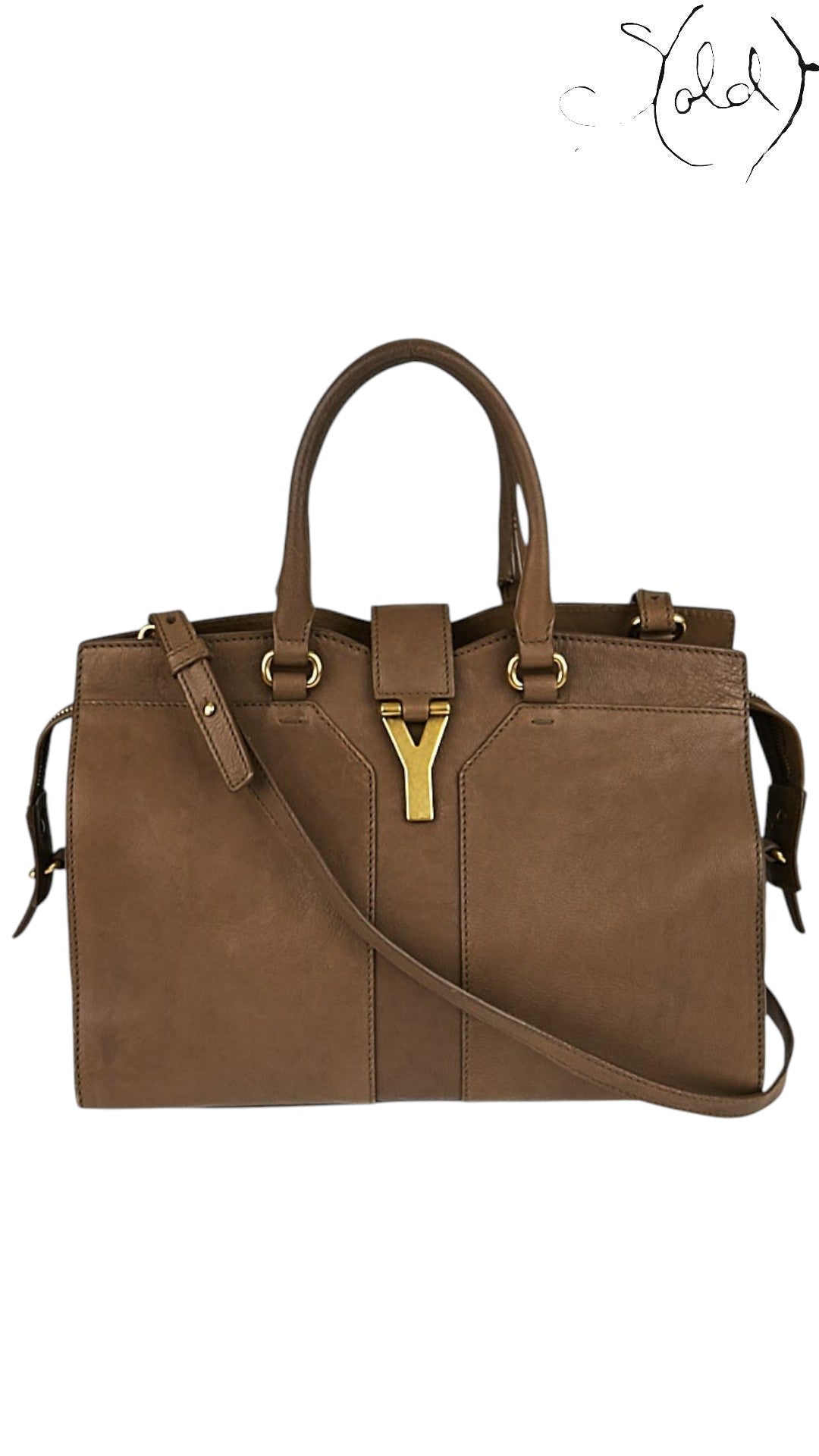 Sold Attire Saint Laurent Small Cabas Chyc bag in brown sheepskin leather with gold-tone YSL hardware and strap.