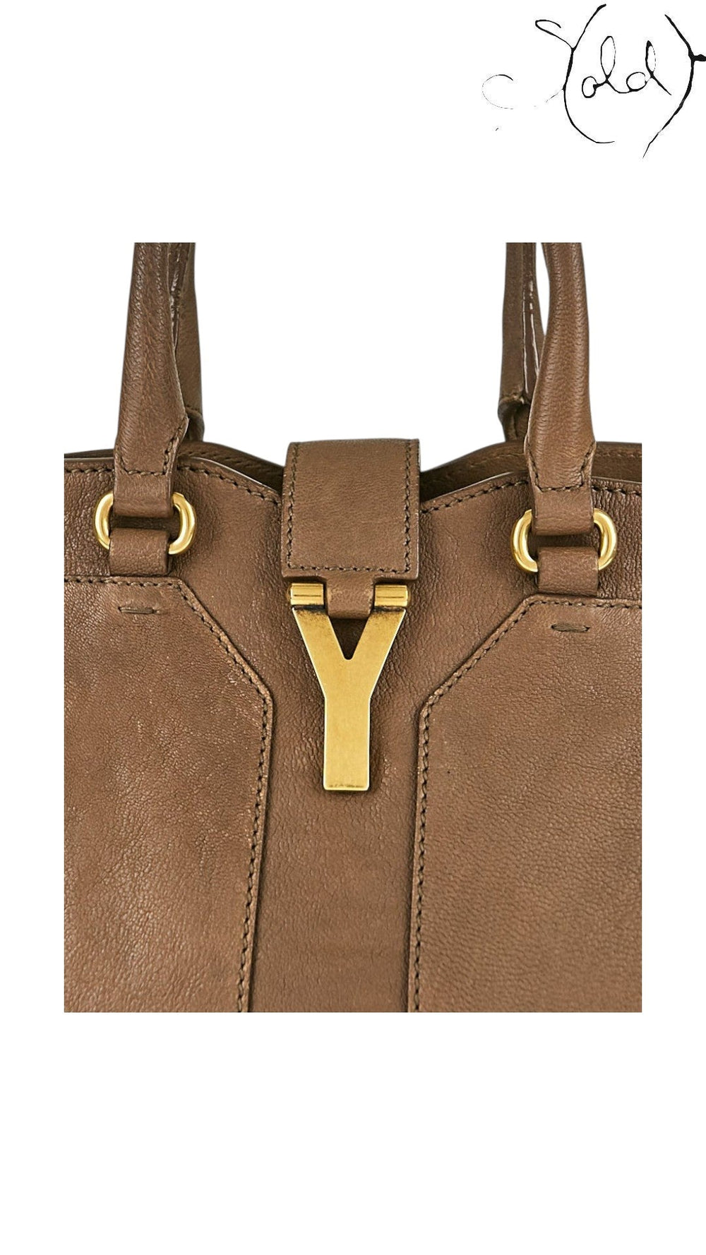 Sold Attire Saint Laurent Small Cabas Chyc bag in brown sheepskin leather featuring gold-tone YSL hardware and handles.