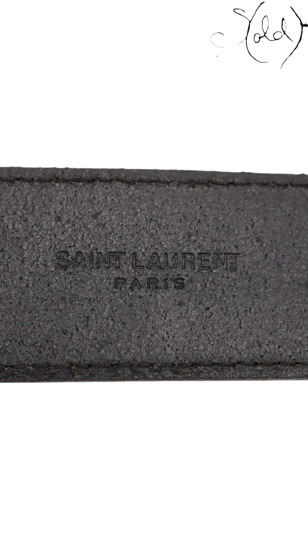 Sold Attire black leather Saint Laurent belt with embossed Paris logo. Size 85.