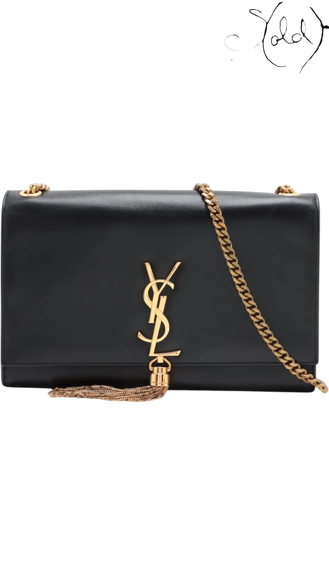 Sold Attire black leather Saint Laurent Kate crossbody bag with gold YSL logo and tassel detail.
