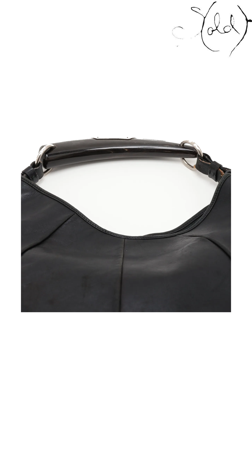 Saint Laurent Mombasa Black Leather Horn Shoulder Bag, handle attachment overview detail