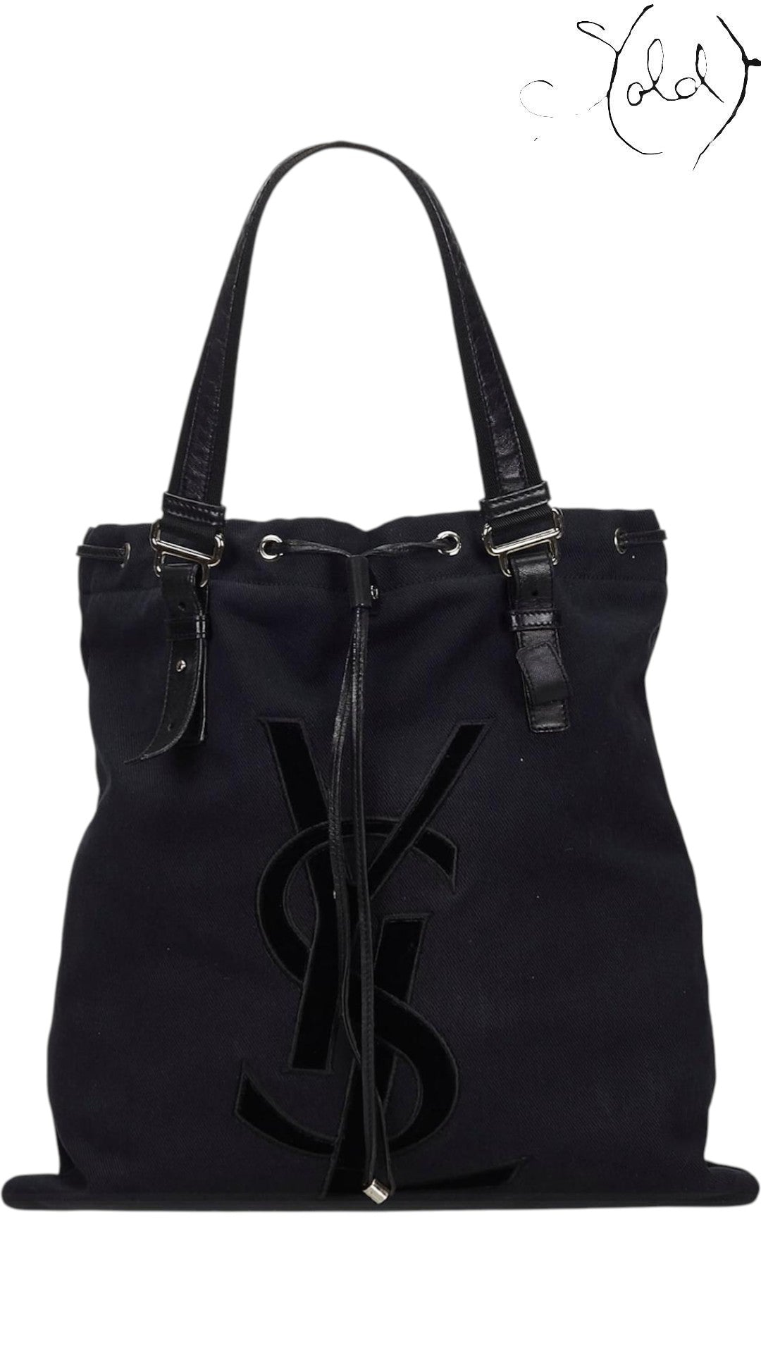 Saint Laurent Rive Gauche Kahala Black Canvas Tote, Strap detail | Sold Attire