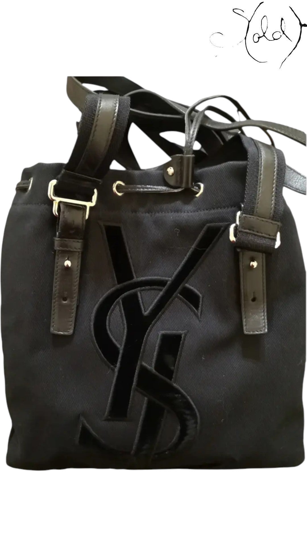 Saint Laurent Rive Gauche Kahala Black Canvas Tote, Back view | Sold Attire