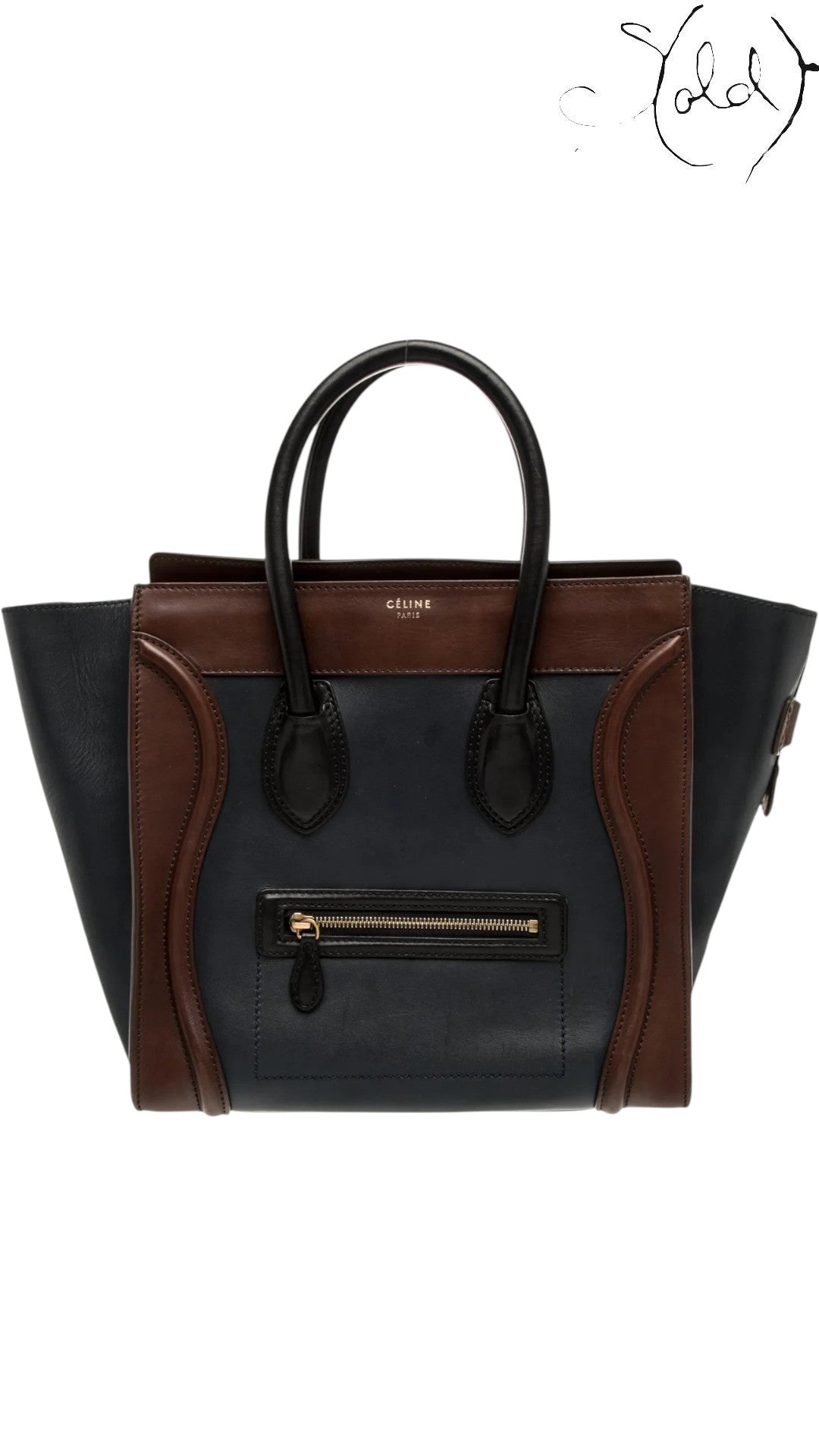 Sold Attire pre-owned Celine Luggage Mini Shopper in navy and brown leather with signature winged panels and zip pocket.