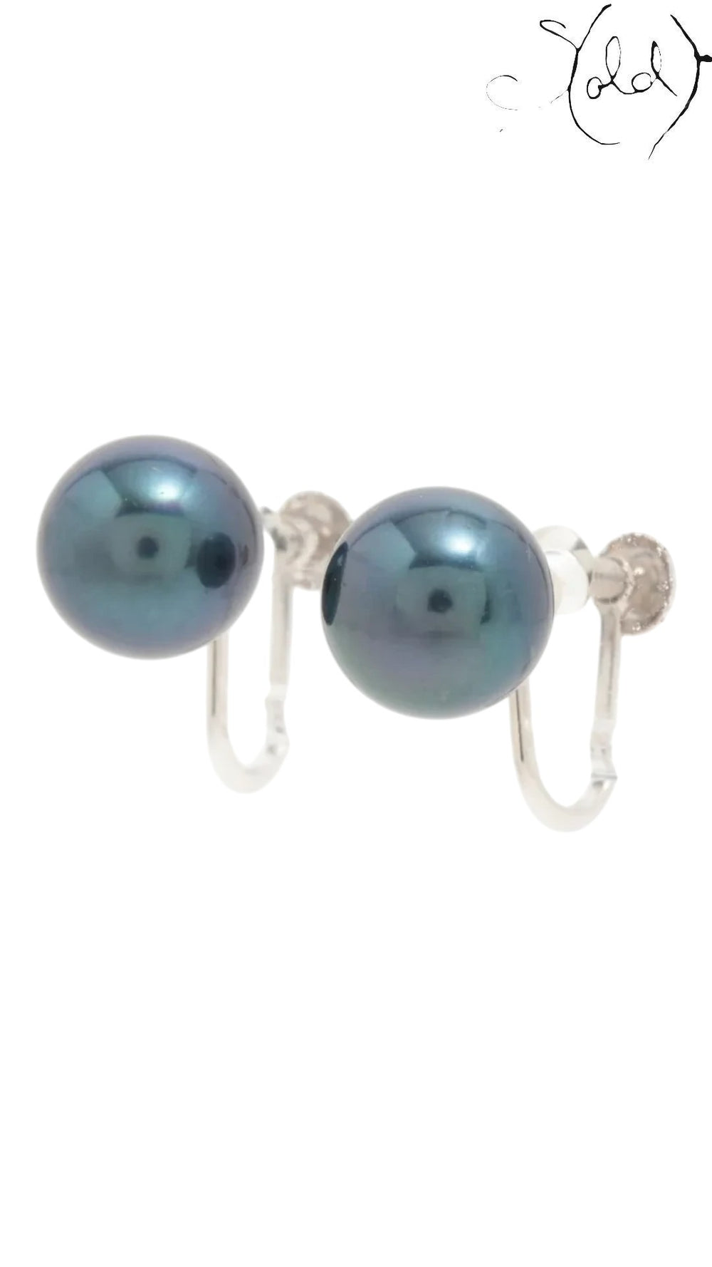 Sold Attire dark green-blue Akoya pearl earrings with K14 white gold hardware on a clear display stand