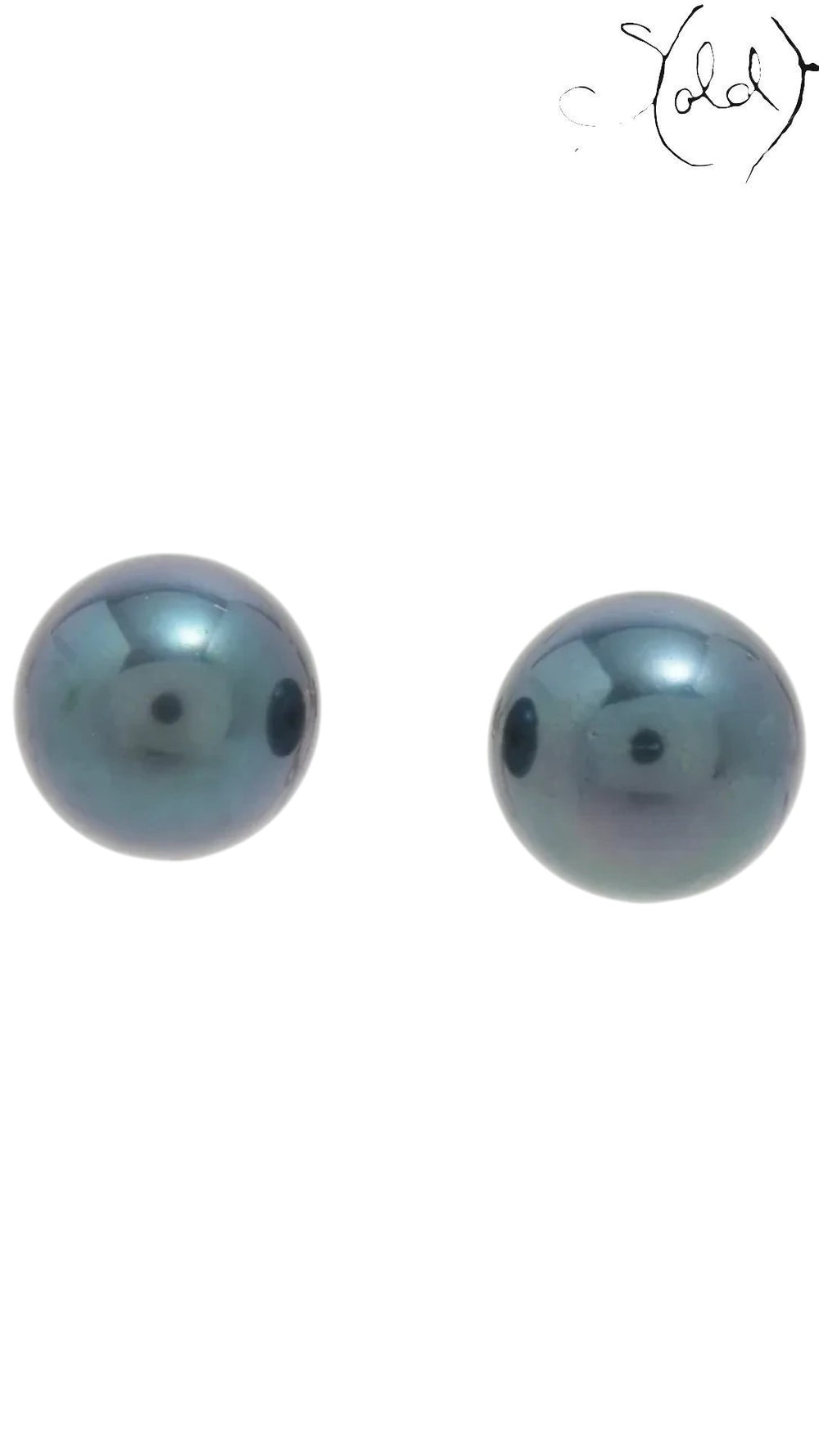 Sold Attire dark green-blue Akoya pearl earrings with K14 white-gold hardware on a clear display stand